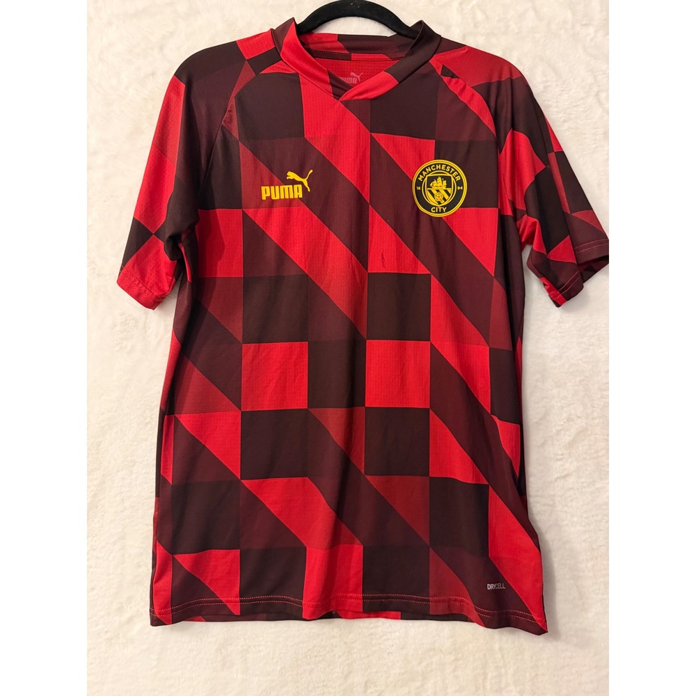 Puma Manchester City FC Pre-Match Jersey Red Burgundy Checkered Mens Medium